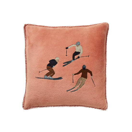 Housse de coussin polaire brodée Apres-ski rose thé - 45x45 - Sylvie Thiriez