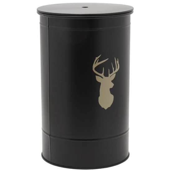 Tabouret rond et seau à pellets en métal noir design cerf