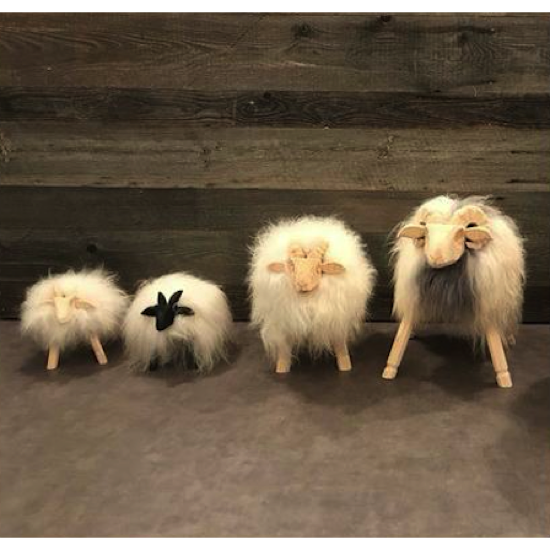 Mouton sculpté bois naturel  PM fourrure blanche