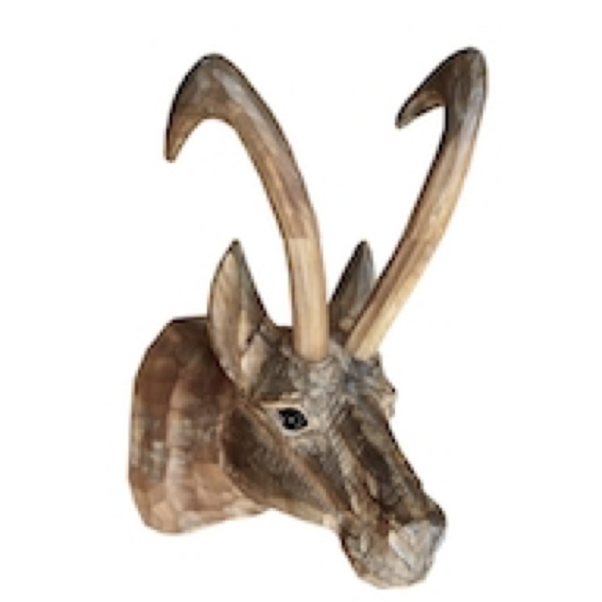 Tête de chamois peinte en bois sculpté main 43x16cm