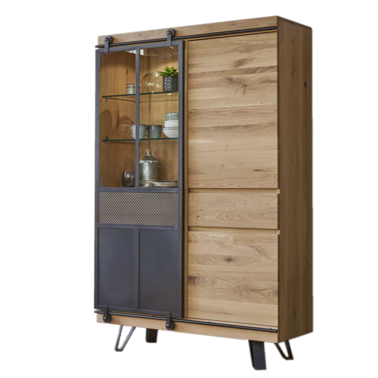Vitrine Fusion 1P coulissante/2P battantes/1T teinte chêne clair/noeuds 