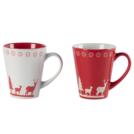 Set de 2 mugs assortis - Cerfs et sapins Rouge