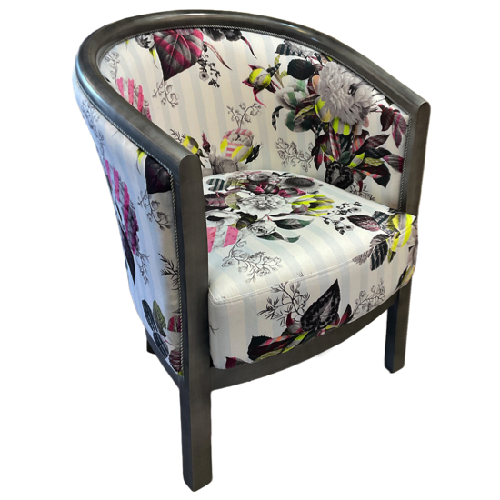 Fauteuil Julien hêtre teinte vieil argent tissu parvenue Ch.Lacroix