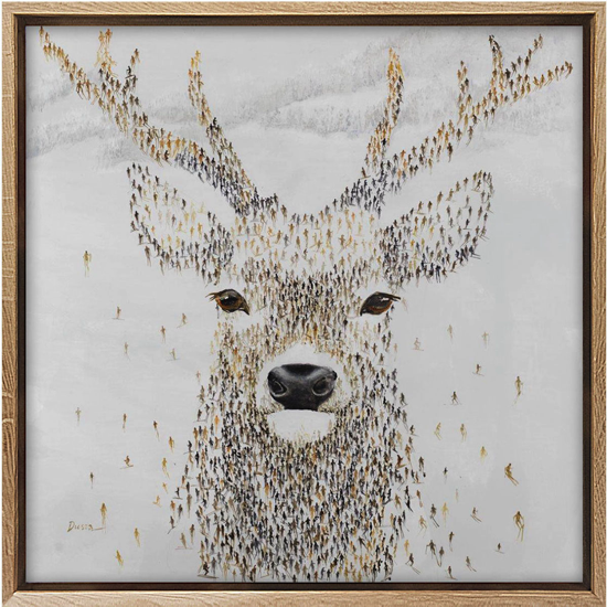 Cerf skieurs 70x70 Cadre chêne