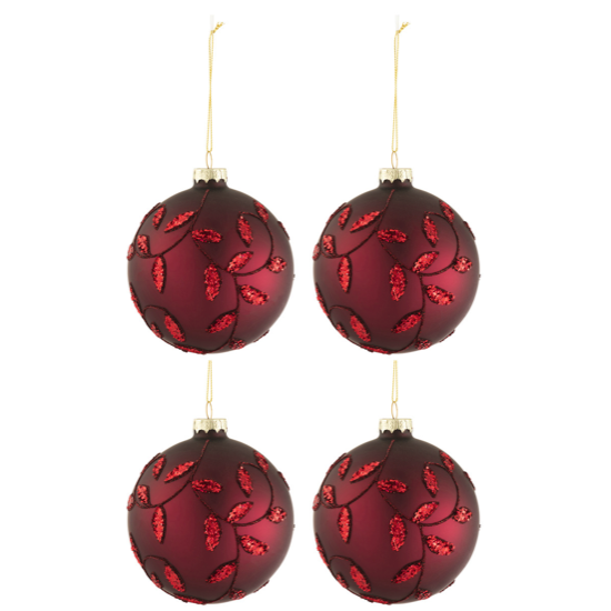 Boule de Noël feuilles &amp; paillettes en verre Rouge Mat - Medium