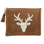 Pochette brune avec une tte de cerf en peau de vache argente