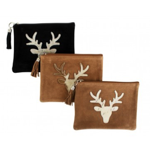 Pochette brune avec une tête de cerf en peau de vache argentée