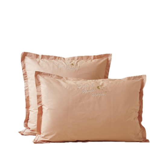 Taie d'oreiller brodée Dans de beaux draps Rose Pêche - Sylvie Thiriez