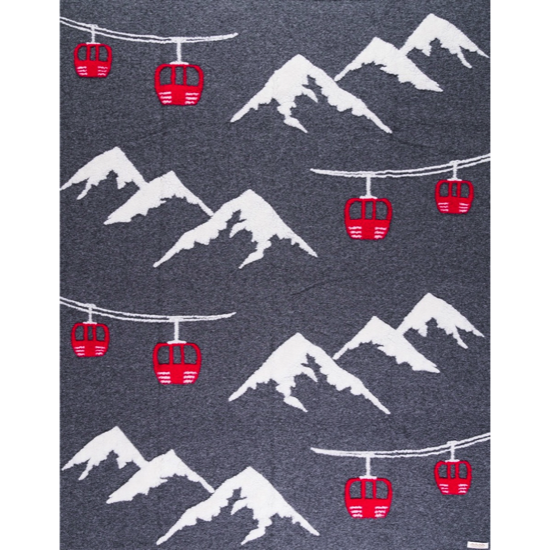 Plaid en laine gris - Télécabines rouge &amp; Montagnes - 145x200