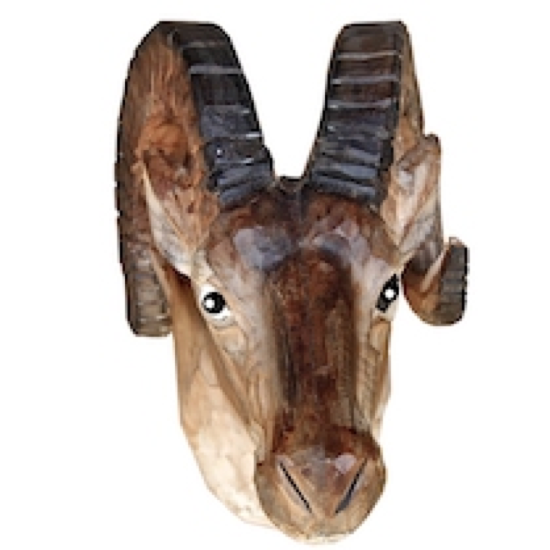 Tête de mouflon peinte en bois sculpté main 27x16cm