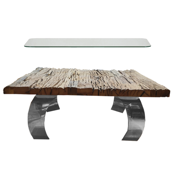 Table en vieux teck 90x90x5 avec 4 pieds courbés en acier et verre trempé