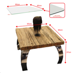 Table en vieux teck 90x90x5 avec 4 pieds courbés en acier et verre trempé