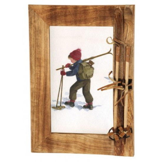 Petit cadre photo en bois brûlé avec skis et bâtons à droite 30,5x21,5x4cm