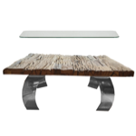 Table en vieux teck 90x90x5 avec 4 pieds courbés en acier et verre trempé