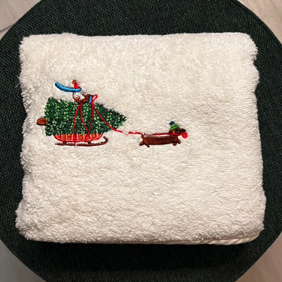 Drap de bain brodé Saucisse - 60x120 - Sylvie Thiriez