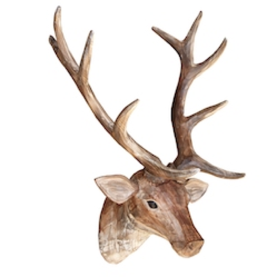 Tête de cerf peinte en bois sculpté main 43x30cm (+ cornes)