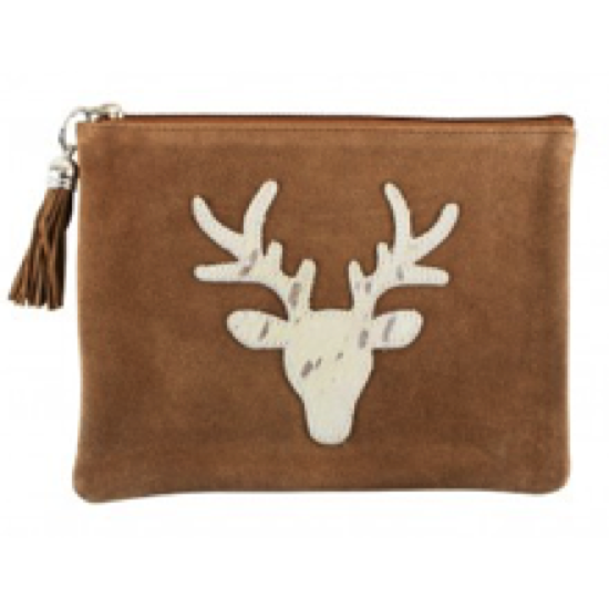 Pochette brune avec une tête de cerf en peau de vache argentée