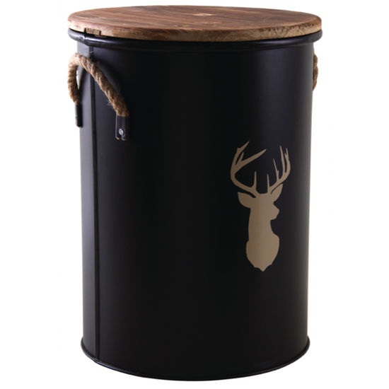 Tabouret rond et seau pellets métal et bois design Cerf