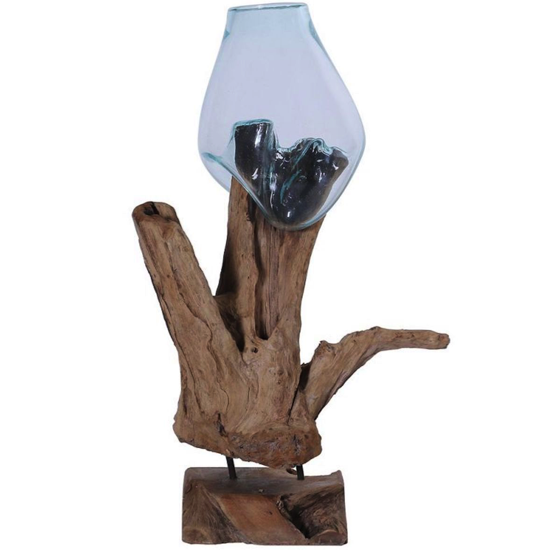Racine décorative 1 bulle vase en verre/teck massif - Casita