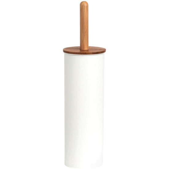 Brosse WC cylindrique en métal blanc et bambou