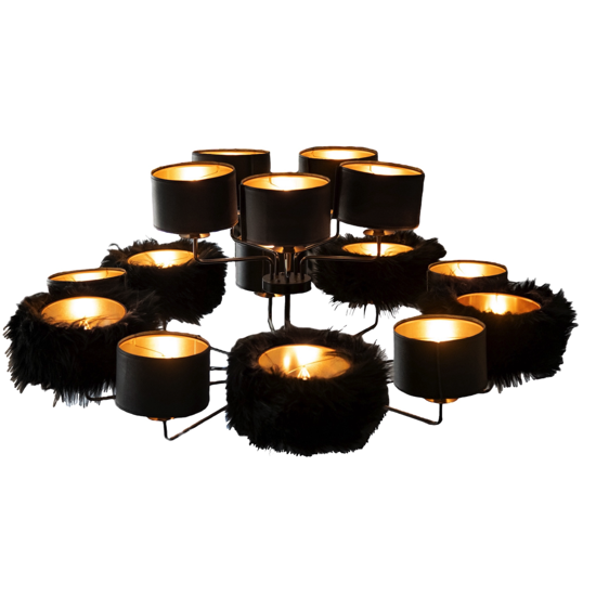 Lustre 15 bras abat-jour cuir lisse et peau de mouton Néo-Zélandais - noir 