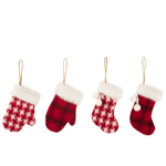 Lot de 4 Gants/Chaussettes de Noël Suspendus quadrillés Rouge/Blanc