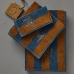 Éponge brodée rayé bleu et caramel Cévennes- Serviette invitée 30x30 - Sylvie Thiriez