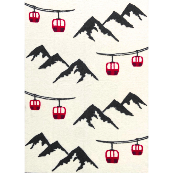 Plaid en laine blanc - Télécabines rouge/Montagnes grises 145x200
